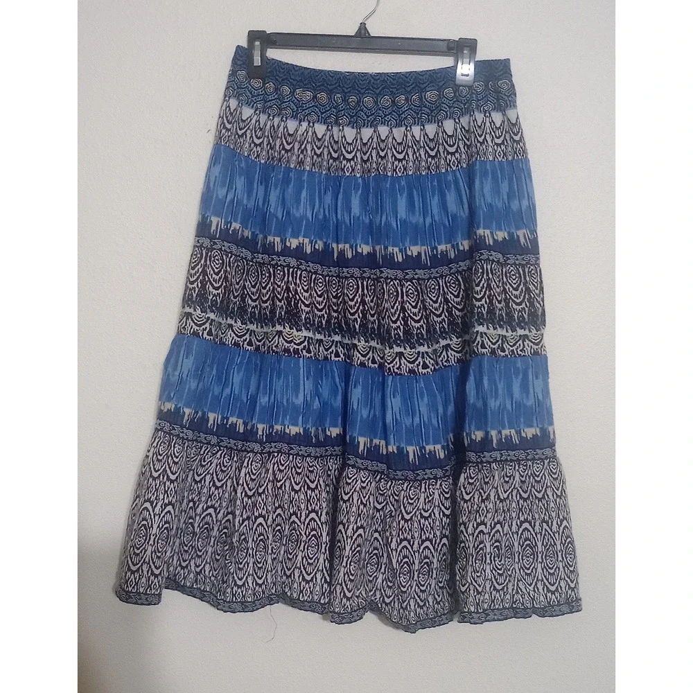 Elementz Petite Blue Ikat Geometric Tiered Cotton Midi Skirt Boho PCFK0174 PM
